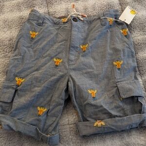 Mini Boden Giraffe Embroidered Blue Kids Shorts Size 12 Nwt